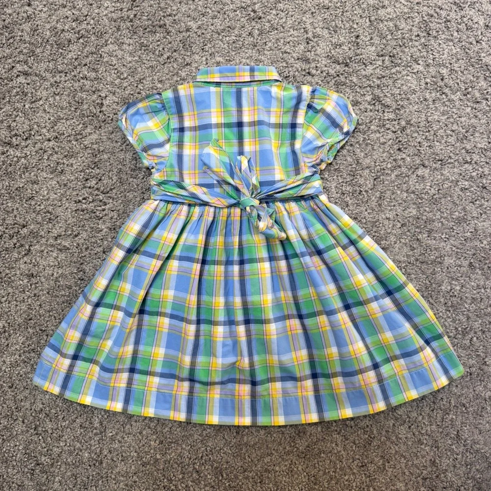 Excellent Ralph Lauren Plaid Ruffle Shirt Dress Tie Waist Pastel Girls Size 24M